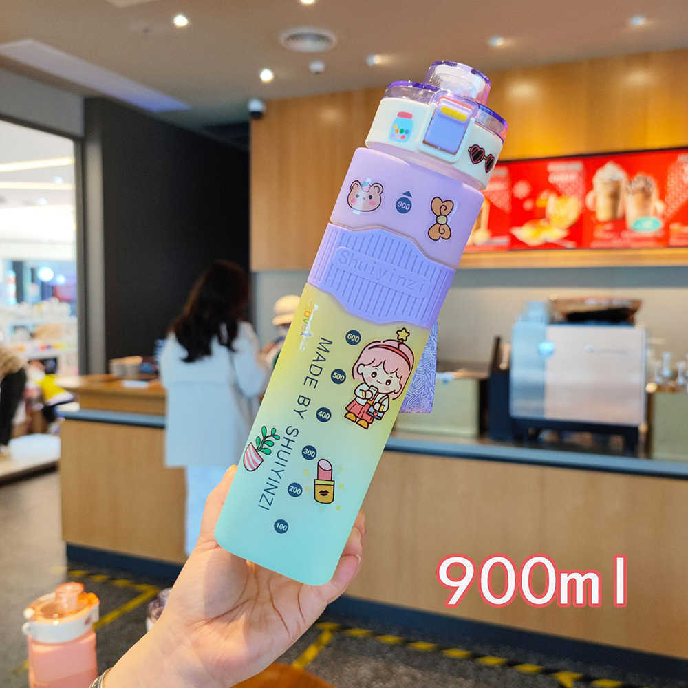 ウォーターボトルニュープラザスポーツレインボー3色勾配レース700ml 720ml 900ml高容量サマースプリングキャップストローカップP230530