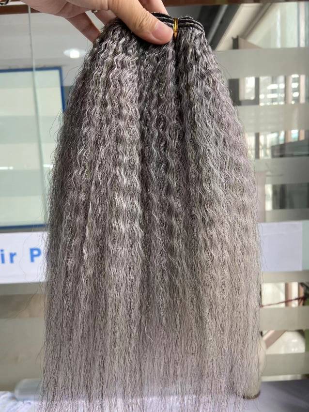 Salt and pepper silver grey kinki straight hair bundles coarse yaki kinky straight weft weave bundles human hair 100g/pack 