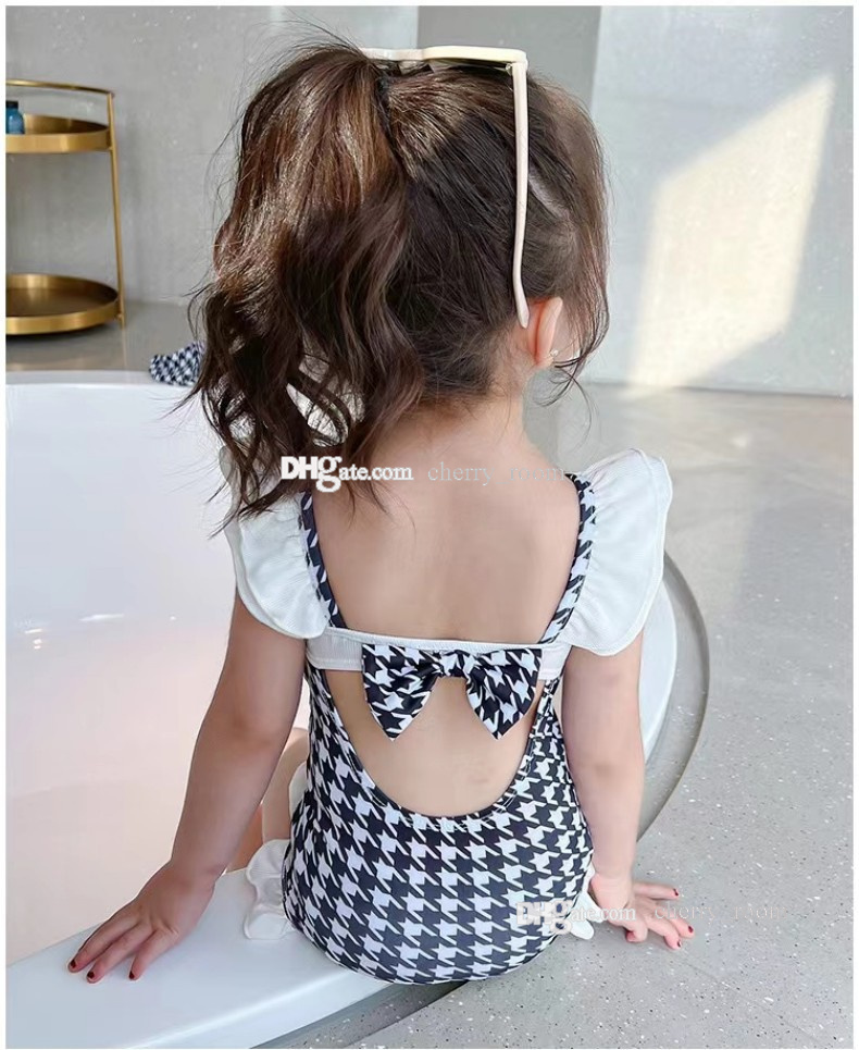 fashion girls ruffle princess swimsuit children houndstooth style Back bowknot one-piece swim summer swimming kids SPA beach swimwear B411