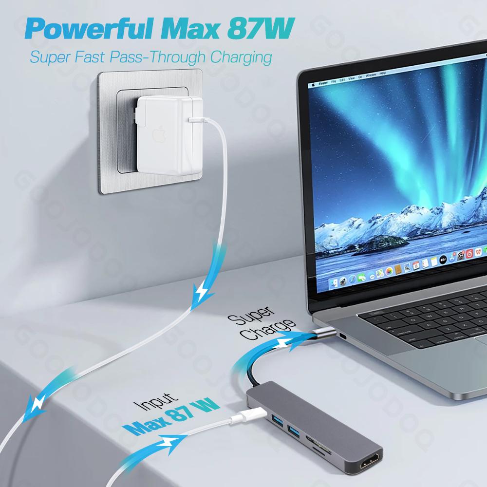 Hubs USB HUB ADAPTER 6 в 1 USB C TO USB 3.0 HDMICAMALIBLE DOCK для MacBook Pro для Nintendo Switch USBC Type C 3.0 Splitter