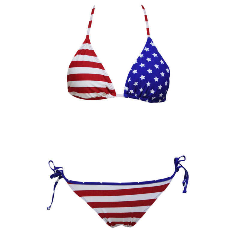 Low Rise Vintage Shoulder Bikini Girls Push Up Strap Swimwear Women's US Flag Printed BIKINI Set P230530