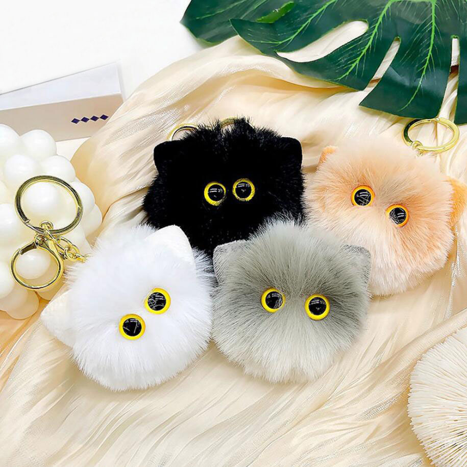 Söt plysch kattunge huvudtecknad nyckelchain Creative Rabbit Hair Pompom Keyrings Bag Ornament Bil Trinken Accessories Plysch Toys Gifts