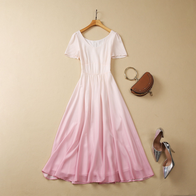 2023 Summer Pink / Blue Gradient Color Panel Panel Dress Kort ärm Scoop -halsringning Midi Casual Dresses S3W270525