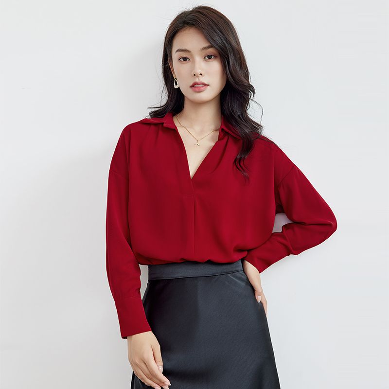 Women's Top Office women's long-sleeved sexy button-down shirt Loose OLT shirt loose top women's red lace shirt women's lapel high neck shirt Long sleeved T-shirt