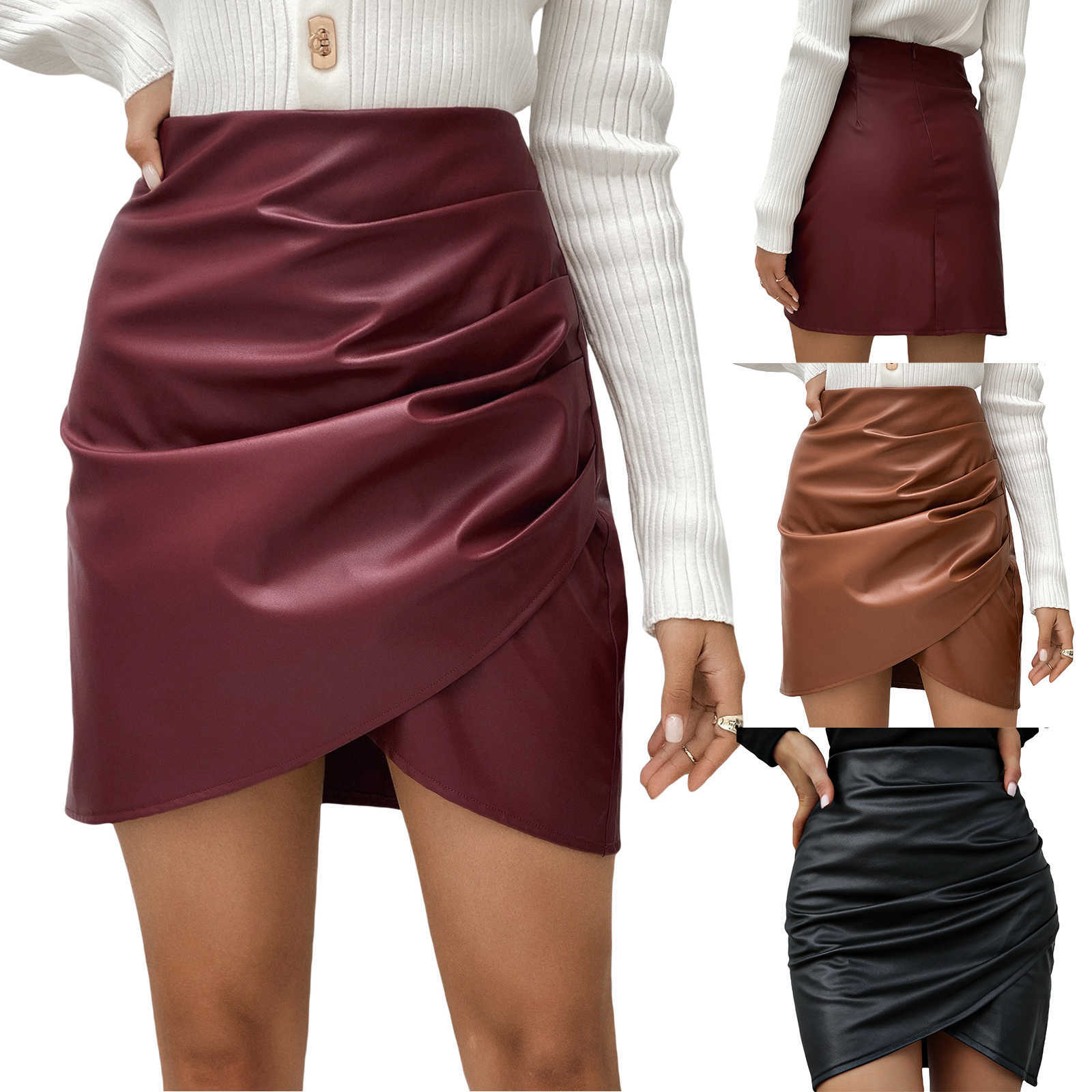 스커트 여성 패션 PU 가죽 간단한 단색 하이 허리 주름이 엉덩이 주위에 포장 된 지퍼 지퍼 P230529