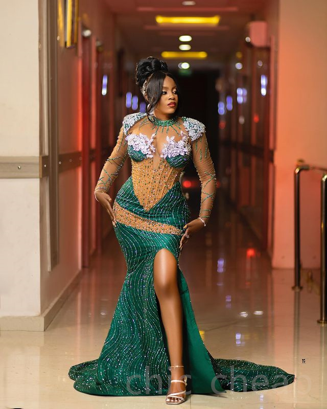 2023 May Aso Ebi Hunter Green Prom Dress Lace Beaded Sexy Evening Formal Party Second Reception Birthday Engagement Gowns Dresses Robe De Soiree ZJ342