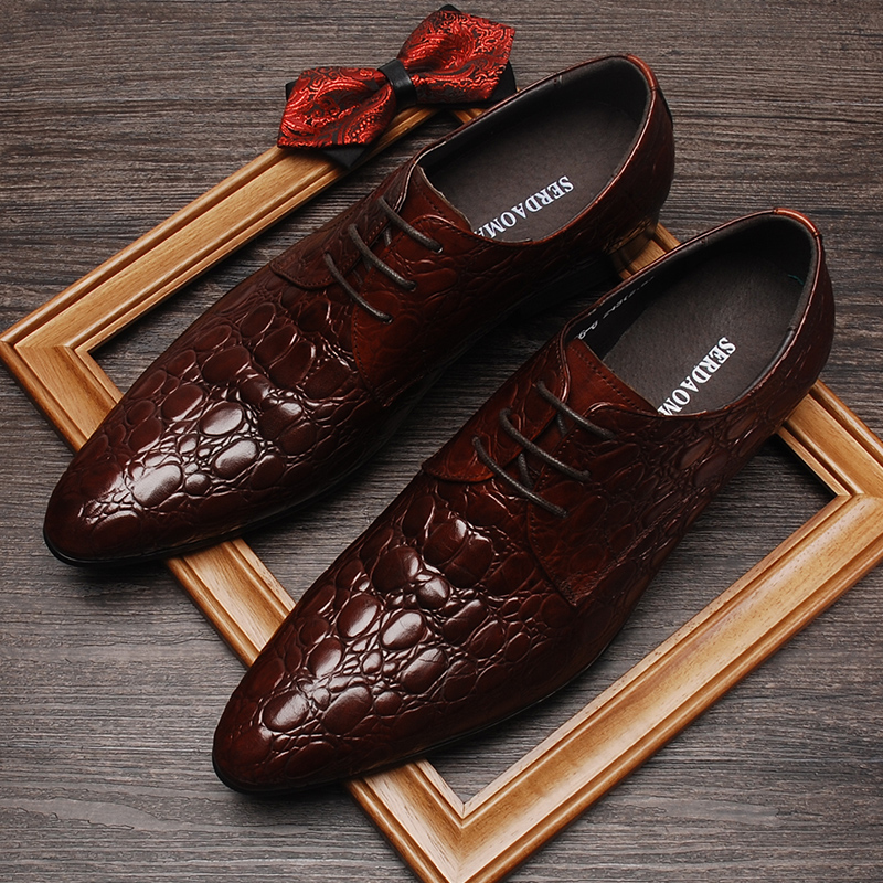 Crocodile Motif Hommes Designer Robe Chaussures Pointu Mariage oxford Chaussure Hommes En Cuir Véritable Noir Bordeaux À Lacets Formelle Chaussure Hommes