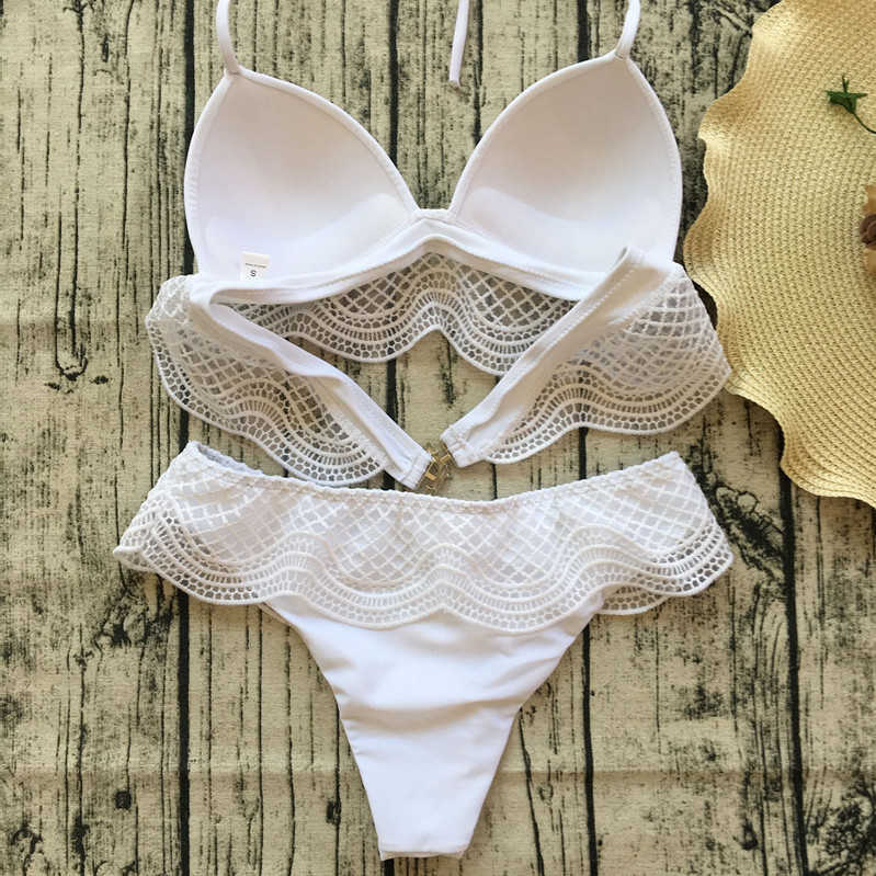 Maillot de bain femme Sexy noir blanc taille haute bikini jarretelle tablier plage dentelle maillot de bain P230530