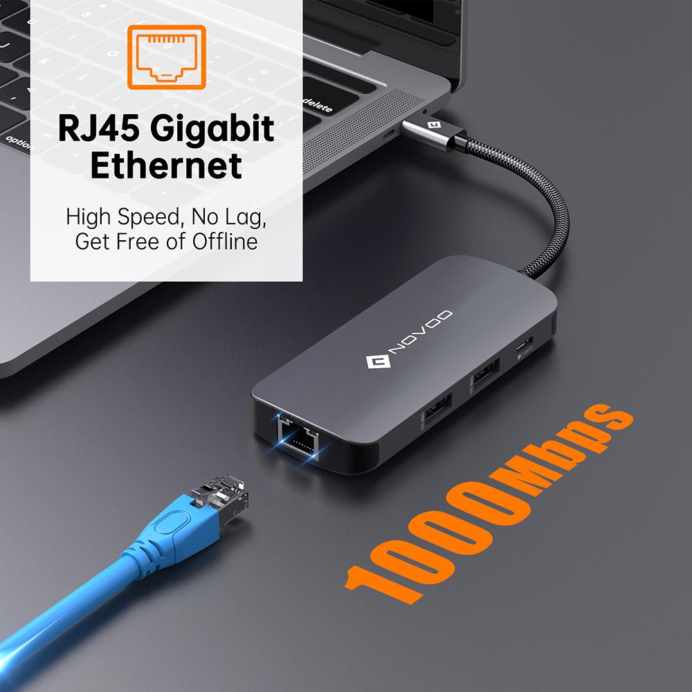 Hubs novoo 8in1 4K 60 Гц USBC Hub Type C к Hdmicabatible Hub 5 Гбит/с USB 3.0 RJ45 PD 100W SD/TF Адаптер слотов для MacBook Pro Air