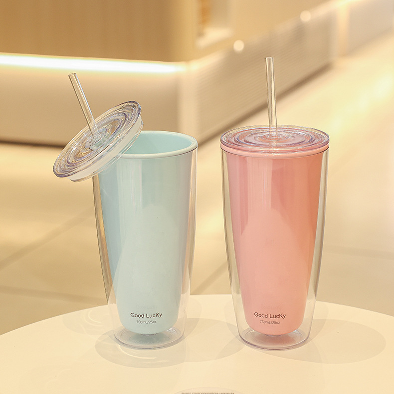 Simple large capacity solid color double plastic cup home office straw cup summer drink coffee cup water cup BH8595