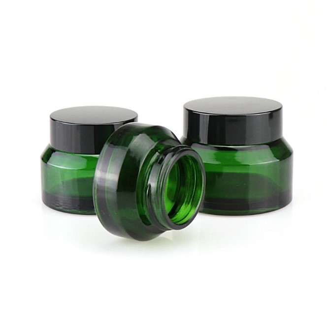 Hot Selling 15g 30g 50g brungröna kosmetiska burkar hand ansiktsförpackningsflaskor med svarta lock lutade axelglaskrämflaskor JL028