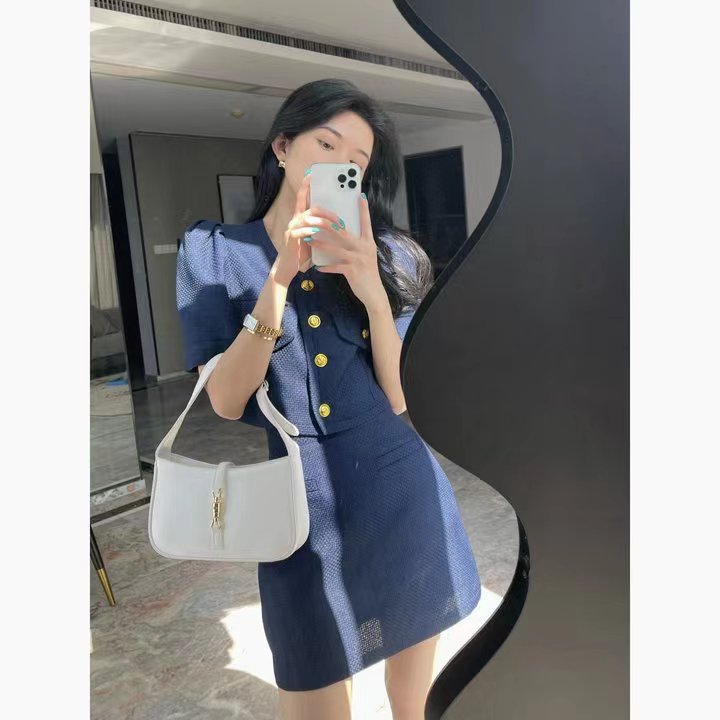 Women's Navy Blue O-Neck Short Sleeve Top och A-Line Mini Kjol Dress Suit Elegant Twinset SMLXL