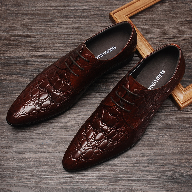 Crocodile Motif Hommes Designer Robe Chaussures Pointu Mariage oxford Chaussure Hommes En Cuir Véritable Noir Bordeaux À Lacets Formelle Chaussure Hommes