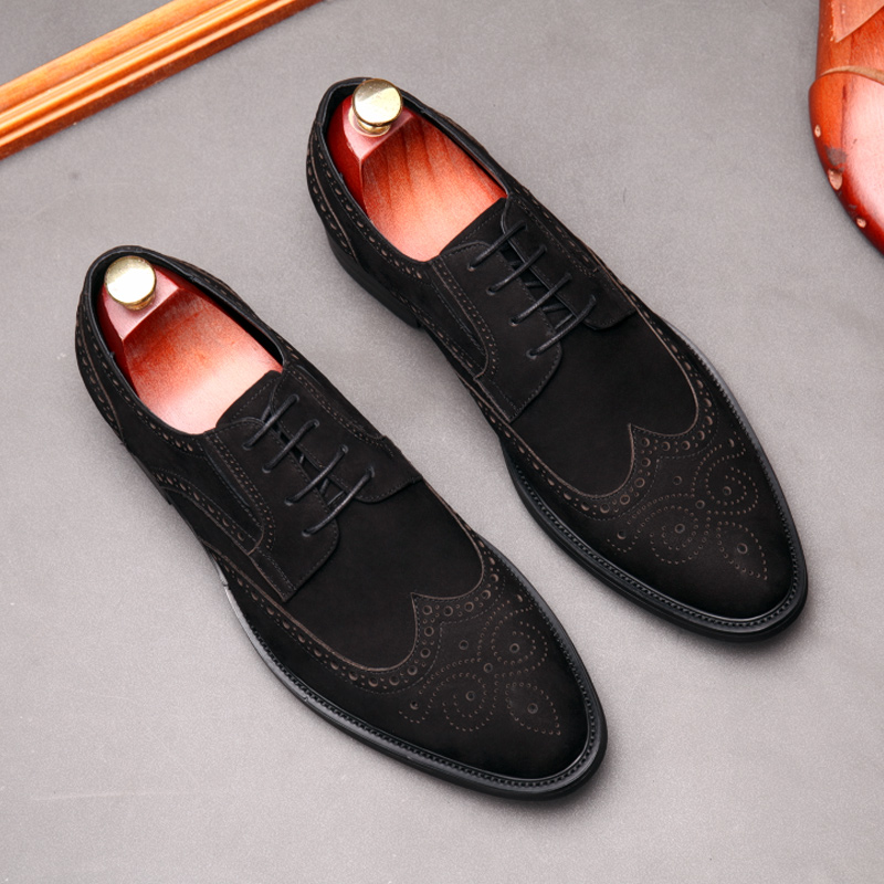 Dress Shoes For Men Genuine Leather Black Khaki oxford Suit Footwear Wedding Party Elegant Formal Business Suede Brogue Shoes
