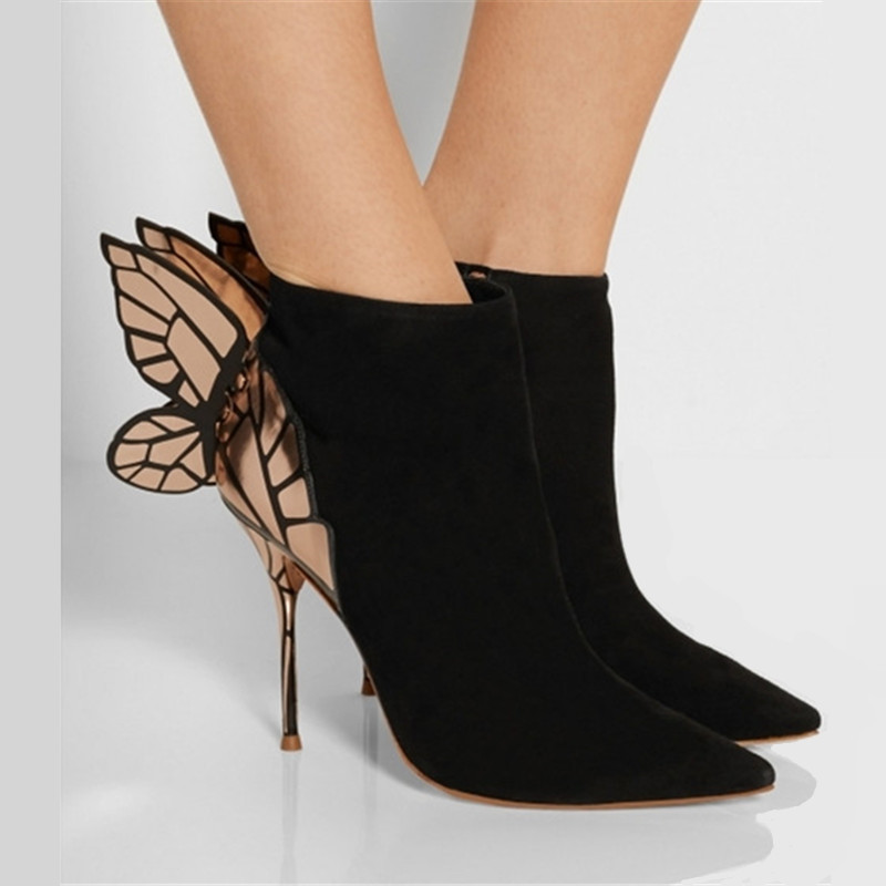 Butterfly Wing Women Ankle Boots Pointed Toe High Heel Dress Pumps Sexy Suede Autumn Winter Botas Mujer Valentine Shoes