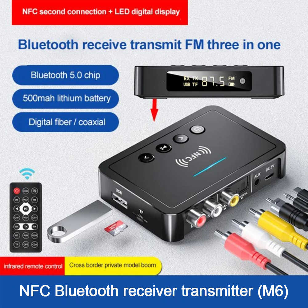 Ny Bluetooth-kompatibel 5.0-mottagare sändare FM Stereo Aux 3,5 mm Jack RCA Optical Handsfree Call NFC Bluetooth Audio Adapter TV-bil