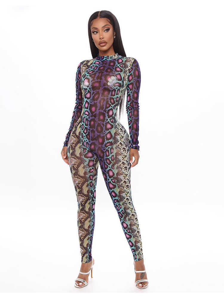 Jumpsuits von Frauen Rompers Streetwear Langarm -Serpentine -Druck -Overall für Frauen sexy Rücken hohl -out -Outfit Silm Fit Vestidos de Mujer T230531