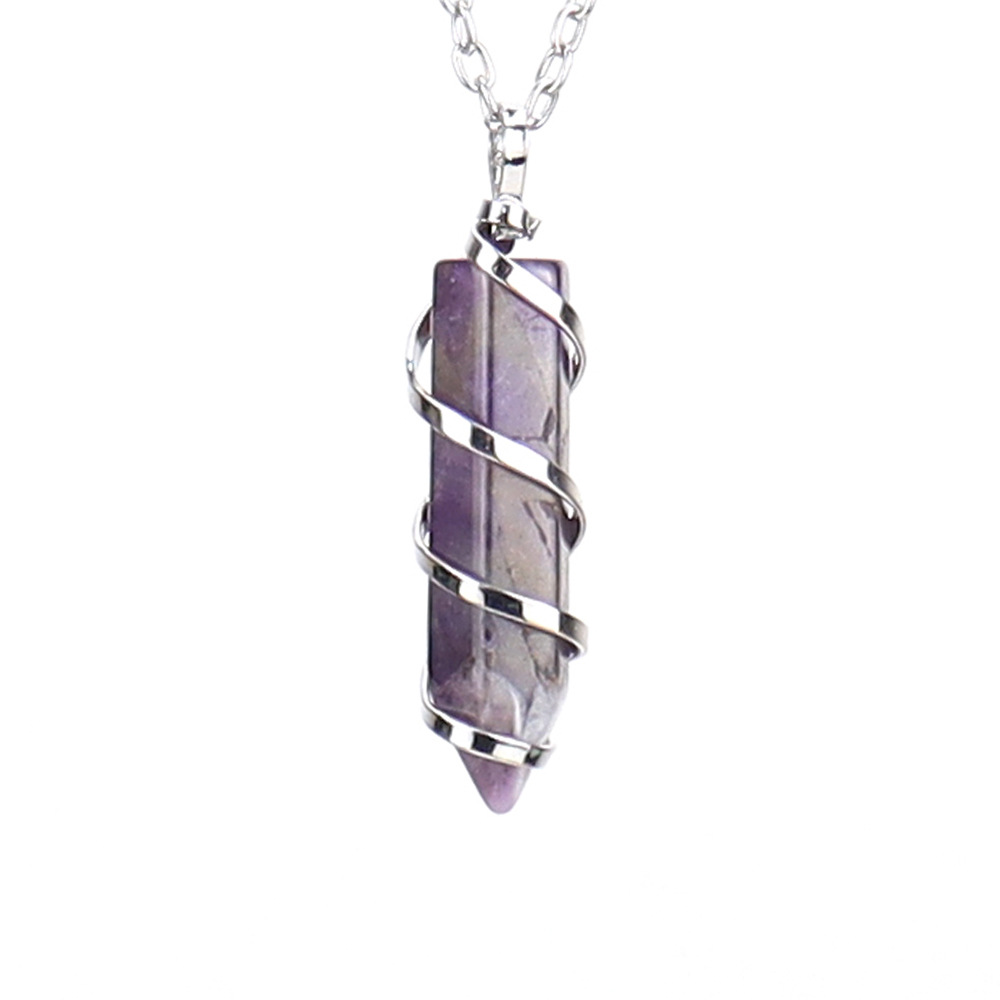 Hexagonal Pillar Natural Stone Necklace Spiral Metal Crystal Pendant Necklace