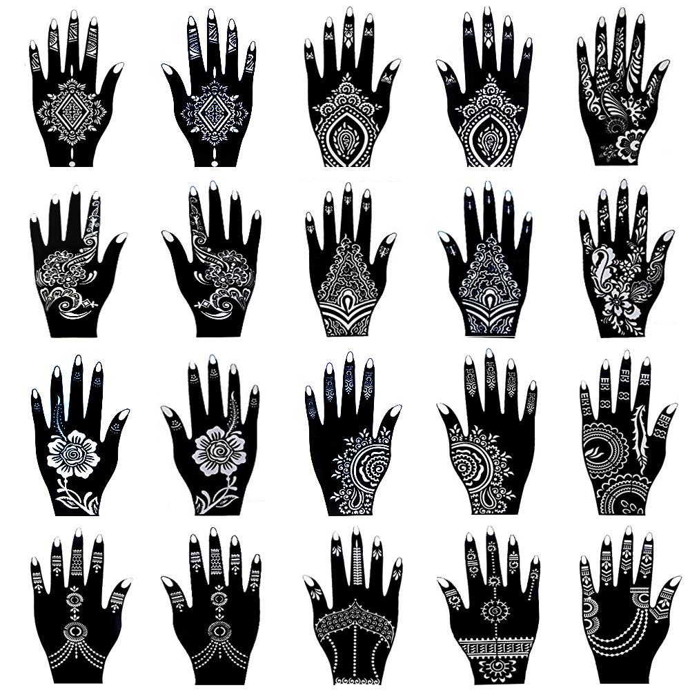 Estênceis 20 peças kit de estêncil de tatuagem de henna para mulheres arte temporária arte indiana mehndi auto adesivo modelos de tatuagem para pintura à mão