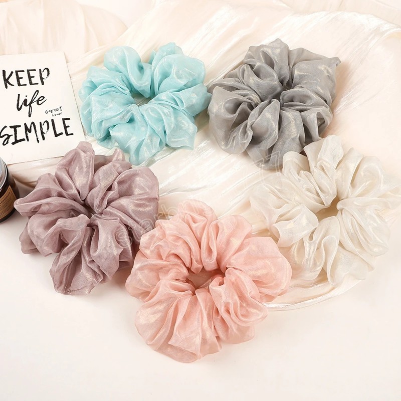 Scrunchies oversize in organza a rete brillante Fascette capelli da fata estiva Fasce capelli elastiche alte da donna Accessori capelli con coda di cavallo