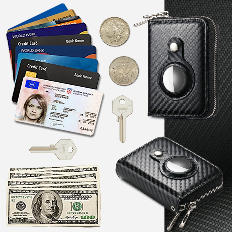 Kolfiber PU-läderplånbok Fall för Airtags Case Protective Cover Shell Tracker Accessories Anti-Scratch Air Tag Kreditkorts ID SLOT Cash Pocket Pocket Pås