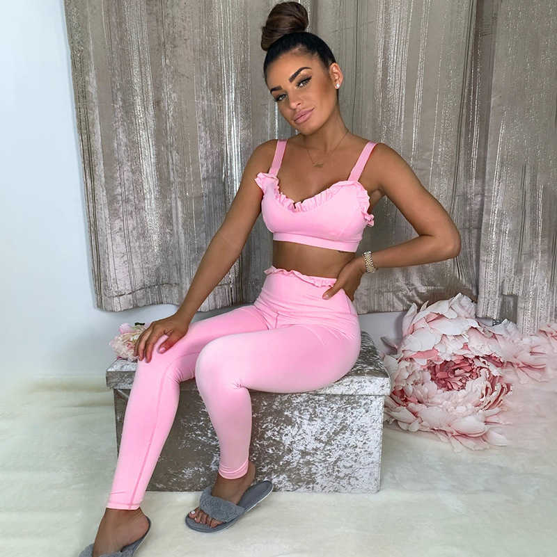 Women's Two Piece Pants Vamos Todos 2021 Summer Girl Ruffle Crop Tank Outfit Womens Loungewear Set Sexy Pajamas Fitness Leggings Tracksuits T230531