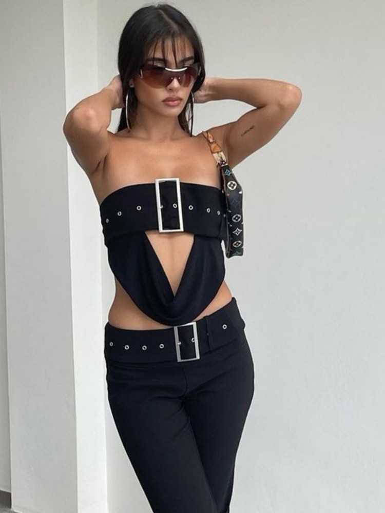 Serbatoi da donna Camis Hot Tops le donne Vestiti taglienti super corti Accessori Y2k Corsetto nero Top senza spalline Sexy Streetwear Asimmetrico Ropa Mujer T230531