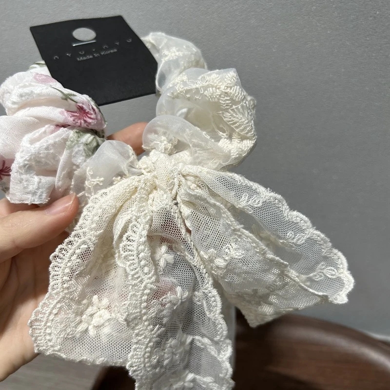 Korean New Summer Super Fairy Lace Floral Detachable Bow Streamer Large Size Elastic Scrunchy-Band Hair Rope Hair Accessories