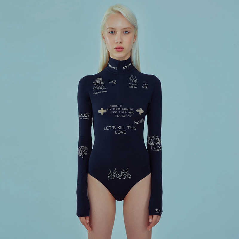 Женские комбинезоны Dompers Dompant Printing Black Bodysuit для женщин с длинным рукавом боди на воротничках Bodycon One Piece Sexy Jumpsuit Cumps T230531