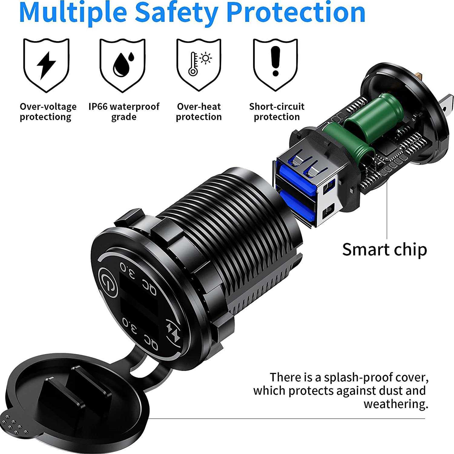 12V-24V USB-bil Motorcykel Cigarettändare QC 3.0 Dual USB Charger Car Cigarettändare Sockets Power Plug Outlet LED