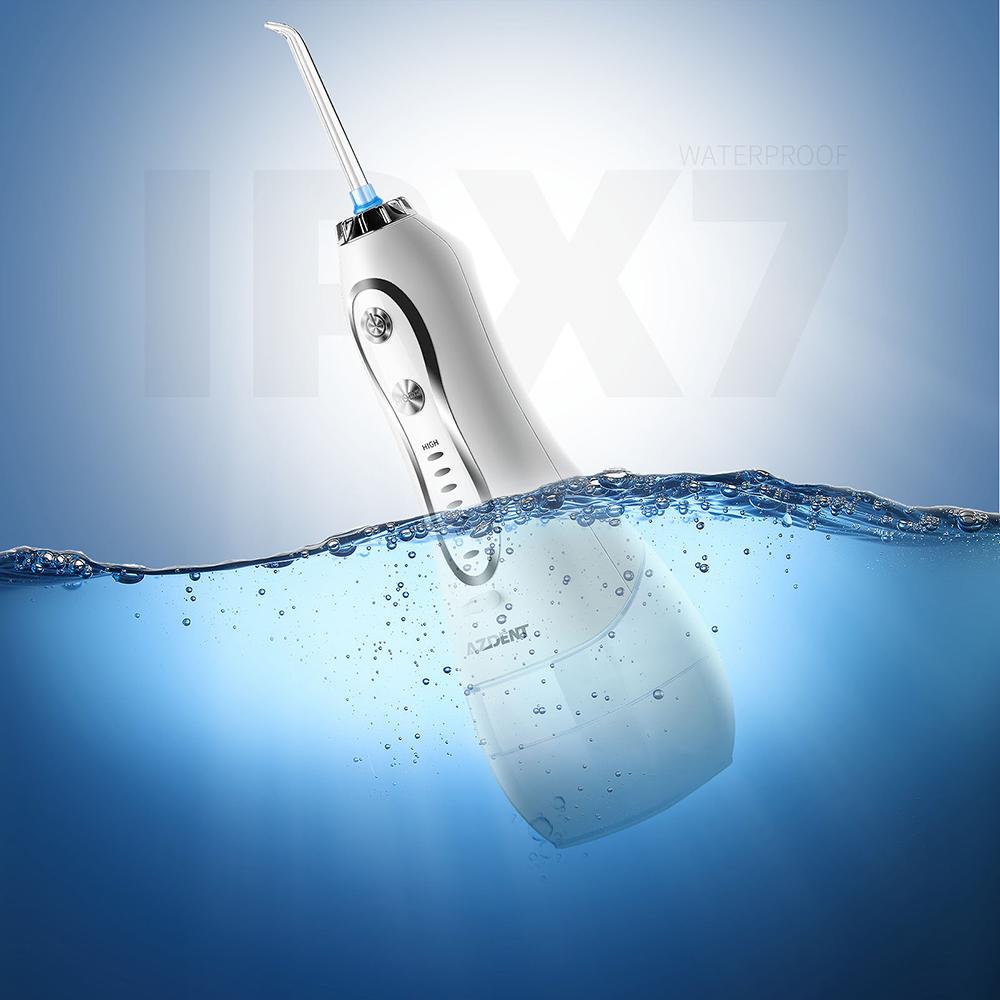 Branqueamento AZDENT HF5 Fio dental de água elétrico portátil 5 modos Irrigador oral Tanque 300ML Limpador de dentes recarregável USB 5 pontas de jato fio dental oral