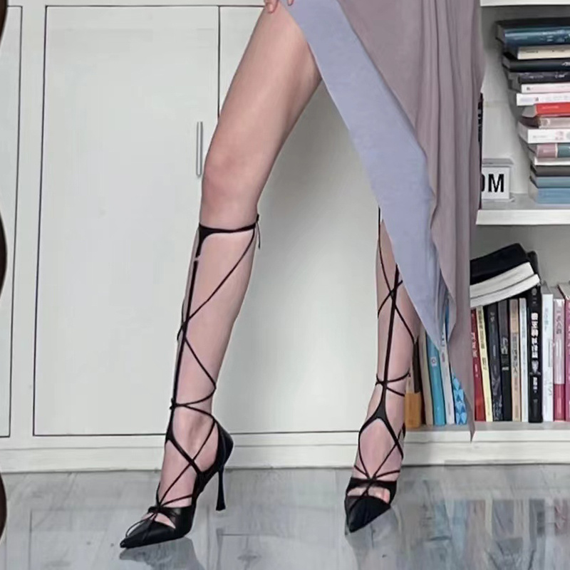 Sexy schwarze Damen-Pumps, hohe Absätze, Abendkleider, aushöhlen, Sommerstiefel, spitze Zehen, Schnür-Gladiator-Sandalen, Damen-Stiletto