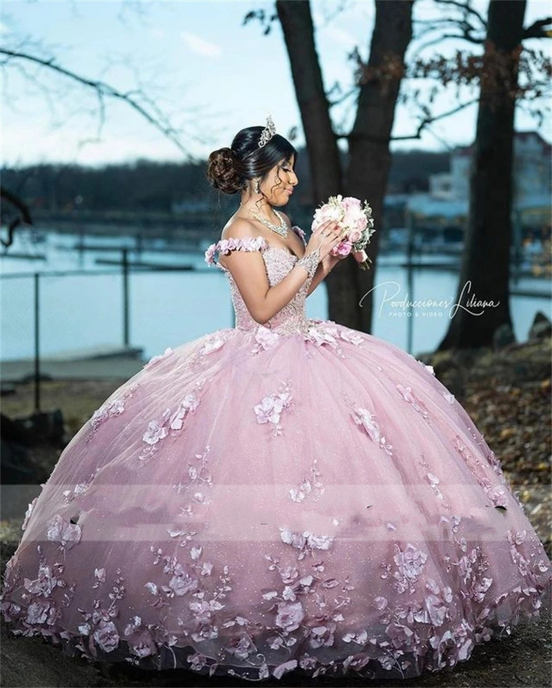 Pink Princess Ball Gown Quinceanera Dresses 2023 3D Flowers Applique Pearls Sweet 16 Dress Birthday Vestidos De 15 Anos Lace-Up