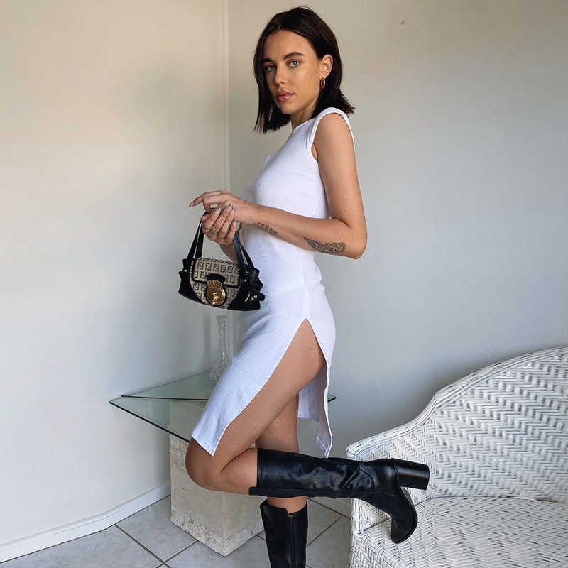 Party Dresses Vamos Todos 2021 Ny hög midja Summer Woman Dress Solid Side Split White Dress for Women Office Lady Elegant Short Sleeve Top T230531