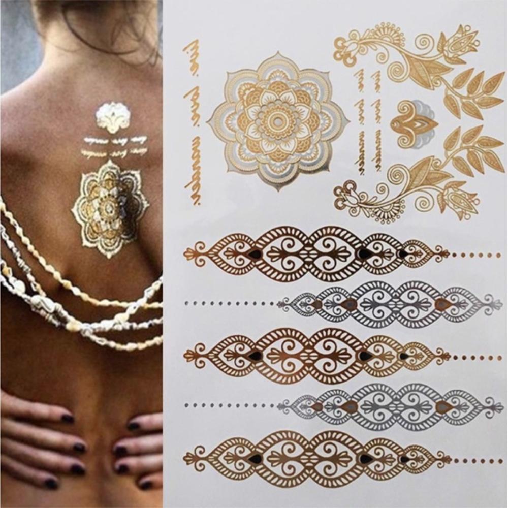 Tatouages ​​imperméable temporaire autocollant de tatouage fleur mandala henné or argent métallique flash tatoo boho lotus bijoux paillettes corps