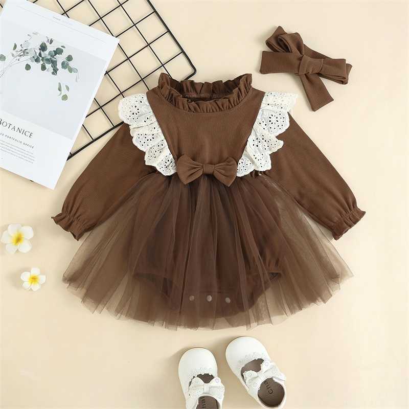 Robes pour filles 0-24M Nouveau-né Style vestimentaire pour filles Body à manches longues Pit Lace Mesh Patchwork Ruffle Trim Body + Mignon Bandeau Costume AA230531