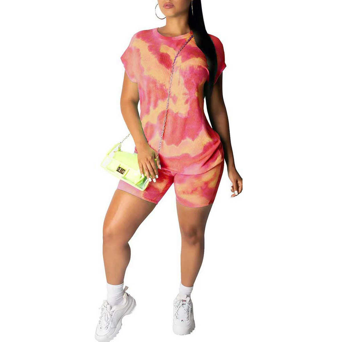 Tracksuits Colorful Tie Dye Summer Running Set Athletic Short Sleeve O-Neck Top+Shorts Women's Gym Fitness Suit P230531