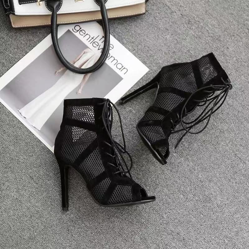 Women High Stiletto Heels Lace Tie Wrap Up Strappy Sandals Round Toe Ladies Fashion Dress Mesh Shoes Open Toe Sexy Summer