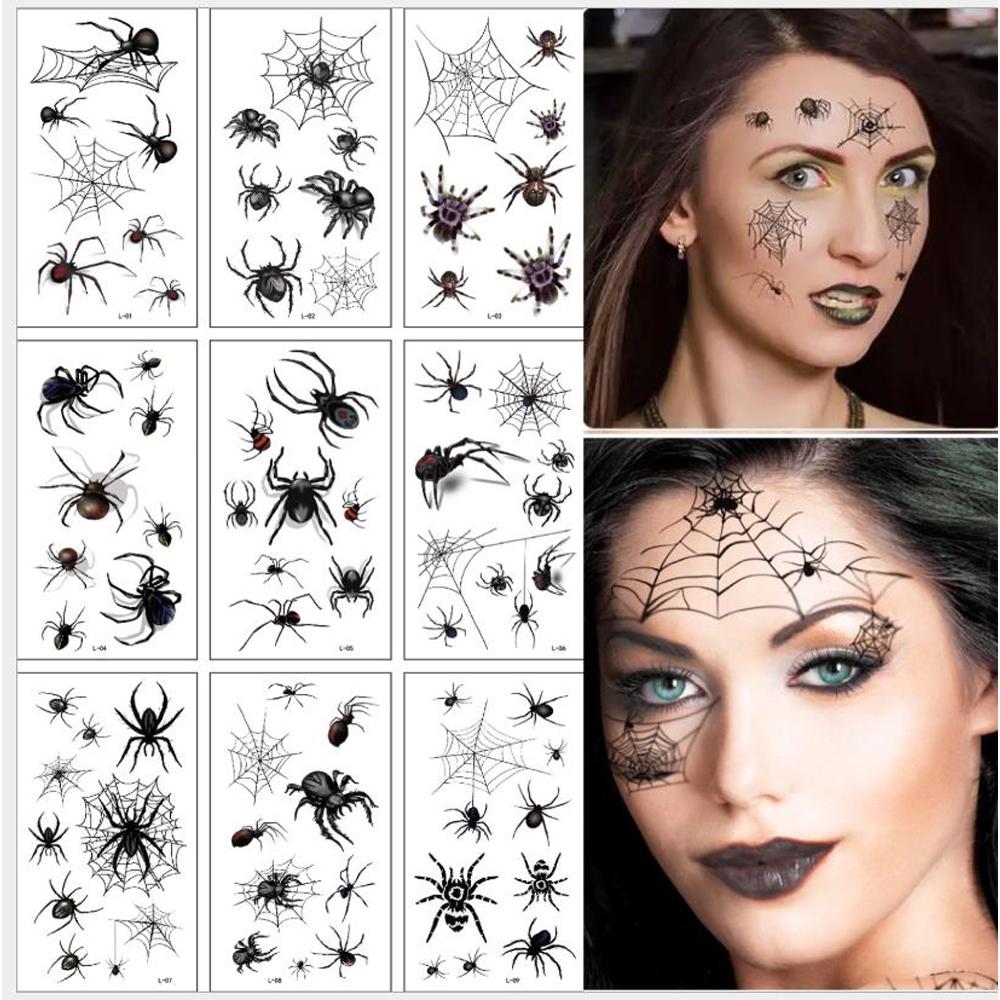 tatoeages 10 vellen/pak nieuwe halloween vakantie gezicht make-up en terreur spin en litteken masker ontwerp nep tijdelijke waterdichte tattoo sticker