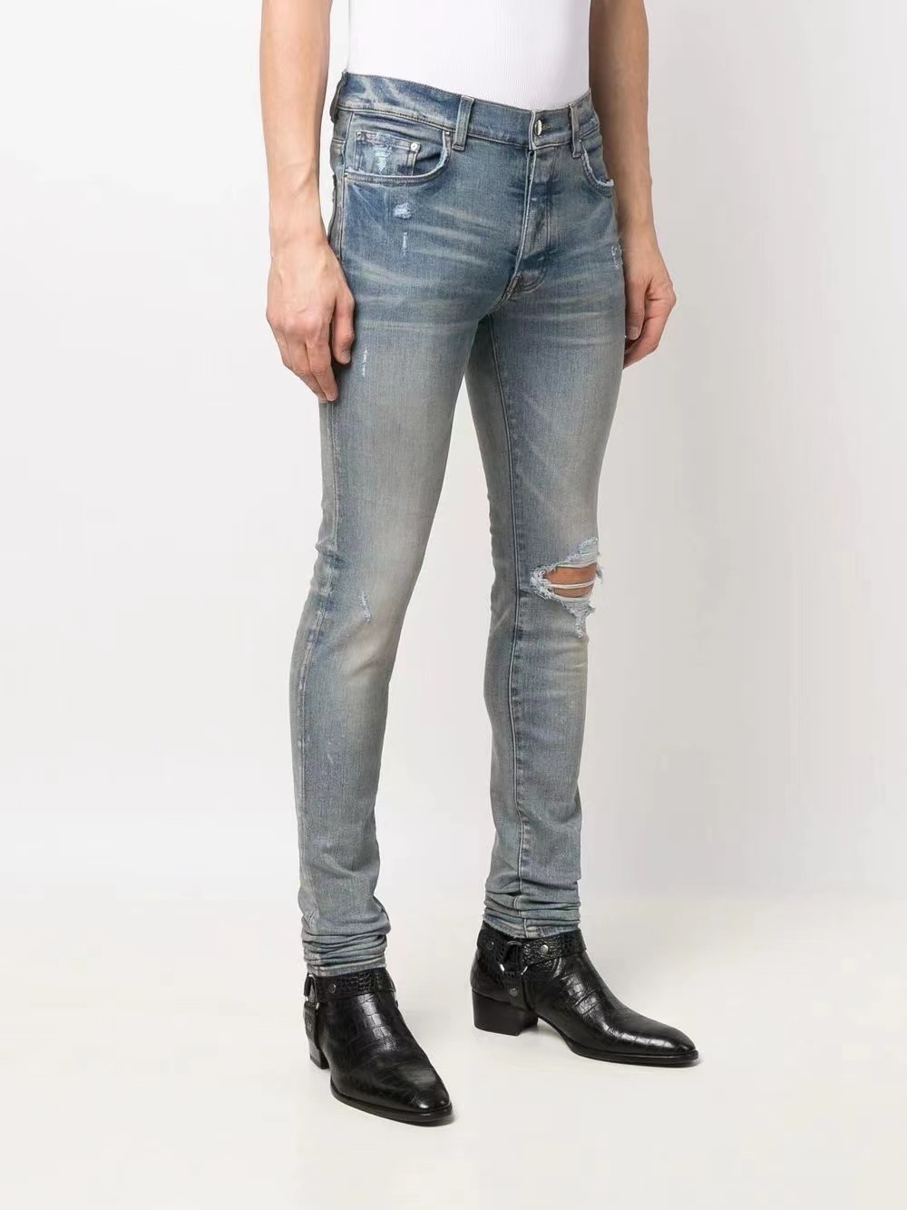 Мужские прохладные разрывы эластичные джинсы расстроенные разорванные байкерские байкеры Slim Fit, промытая мотоциклетная джинсовая джинсовая джинсовая ткань, мужчина мода моды Hip Hop Man.