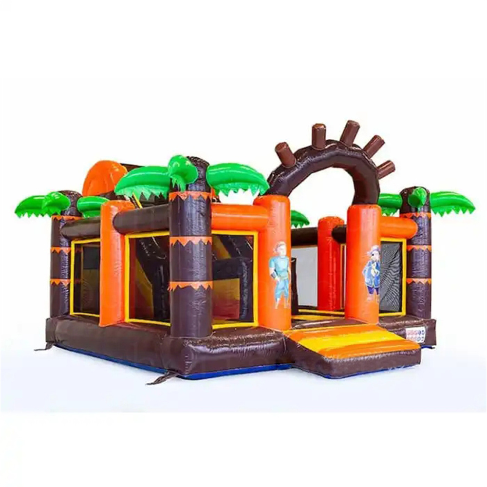 Commercieel PVC naaien opblaasbaar piratenspel themale glijbaan springen combo bounce house spring combo palm tree moonwalk uitsmijter voor kinderen door schip naar deur