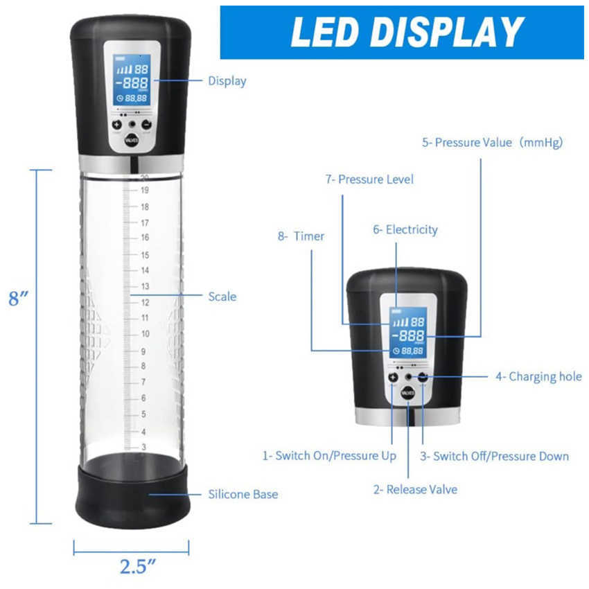 Penisoefening Vacuümvliegtuigen Cup Mannelijke Langwerpige Ruwe Verhoging Verlenging Luchtpomp Vergroter LCD-scherm voor mannen