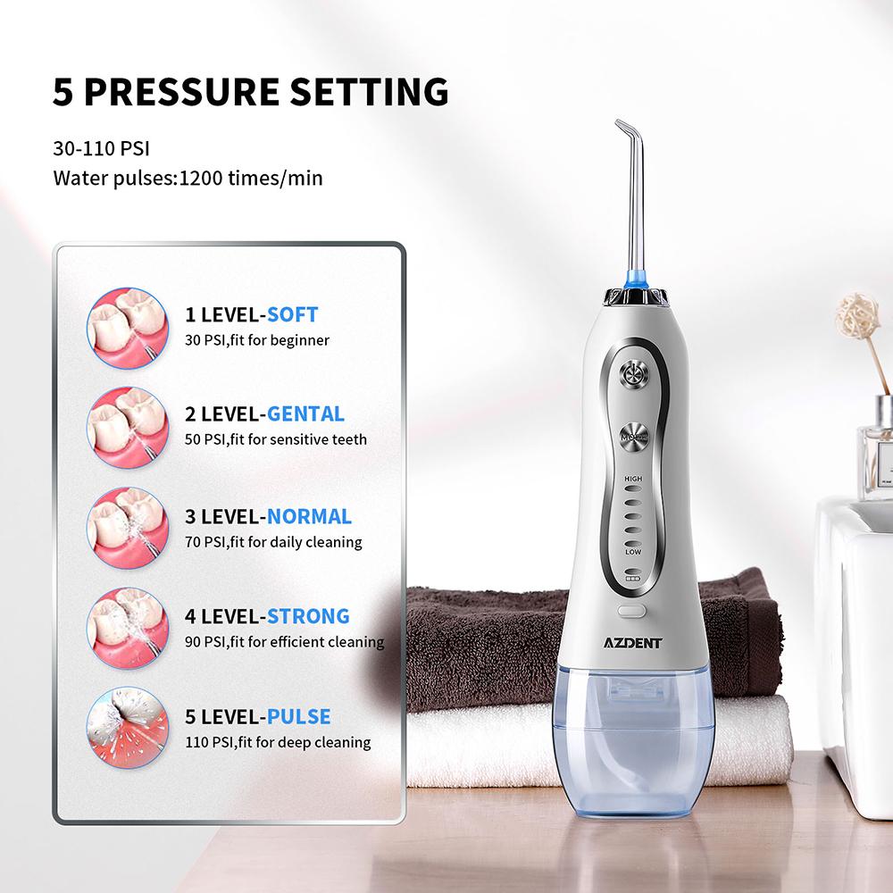 Branqueamento AZDENT HF5 Fio dental de água elétrico portátil 5 modos Irrigador oral Tanque 300ML Limpador de dentes recarregável USB 5 pontas de jato fio dental oral