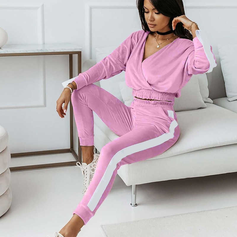 Tracksuits 2-piece Velvet Dress Autumn Side Stripe Running Set Women's Sweatshirt Long Sleeve Wrapped V-Neck Crop Top+Sweatpants P230531