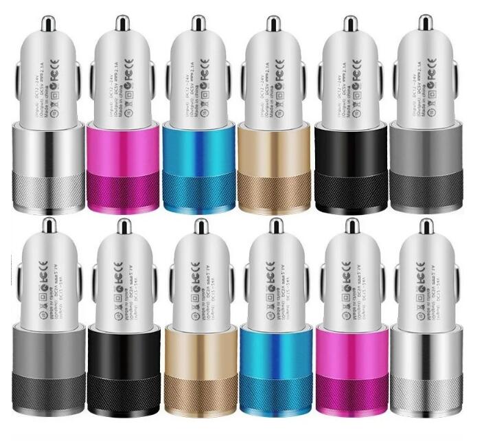 Universal Dual Ports Car Charger Aluminium Alloy 2.1A Auto Car Chargers för iPhone 11 12 13 14 15 Pro Max Samsung Android Telefon MPGPS med låda