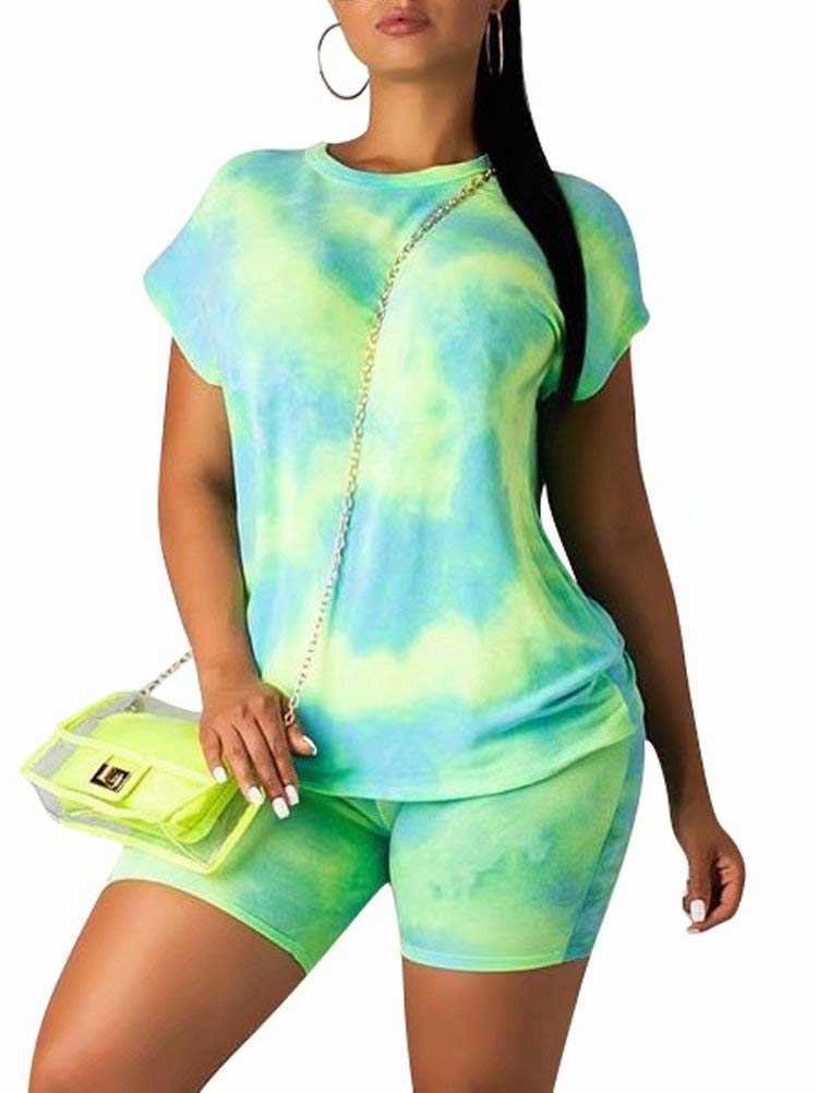 Tracksuits Colorful Tie Dye Summer Running Set Athletic Short Sleeve O-Neck Top+Shorts Women's Gym Fitness Suit P230531