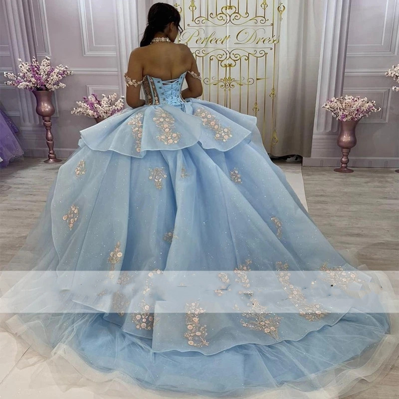 Elegant Light Blue Plus Size Quinceanera Dresses 2023 Off Shoulder Crystal Beads Appliques Vestidos De 15 Anos Corset