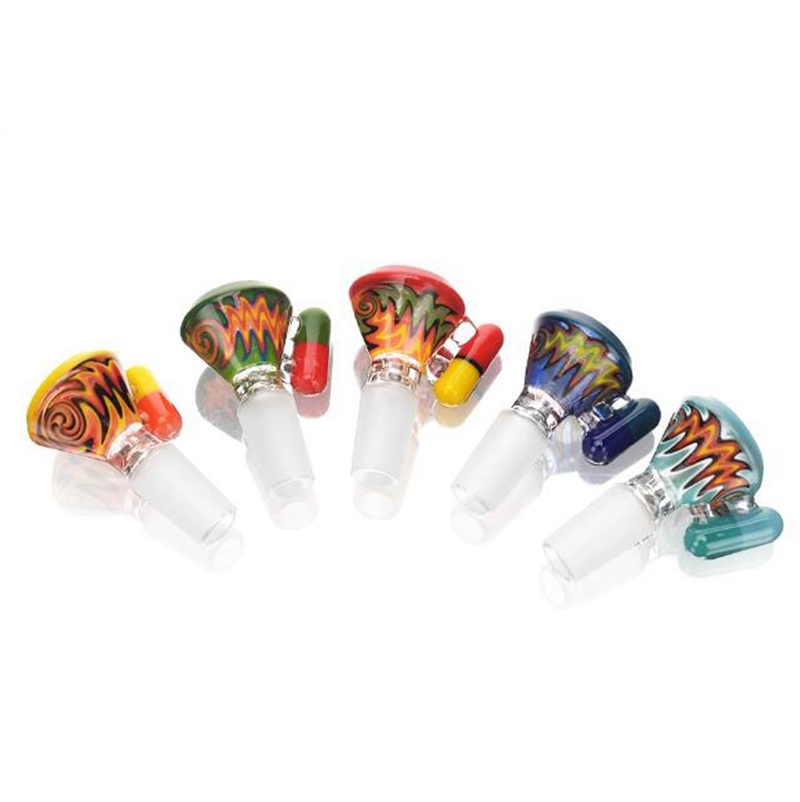 Coloré Perruque Wag Verre Fumer 14 MM 18 MM Mâle Joint Herb Tabac Filtre Bol Plates-formes Pétrolières Portable Pilule Poignée Style Bubbler Pipe À Eau Bong DownStem Titulaire DHL