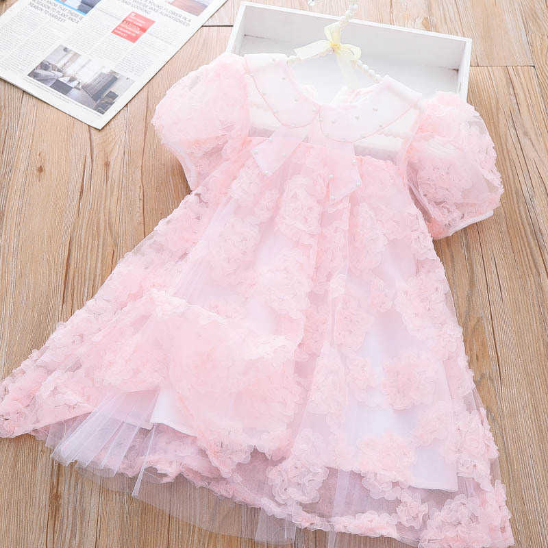 Vestidos de meninas vestido de verão vestido de verão 2023 nova pérola ocidental lapel de princesa vestido crianças renda com gaze saia para crianças roupas aa230531