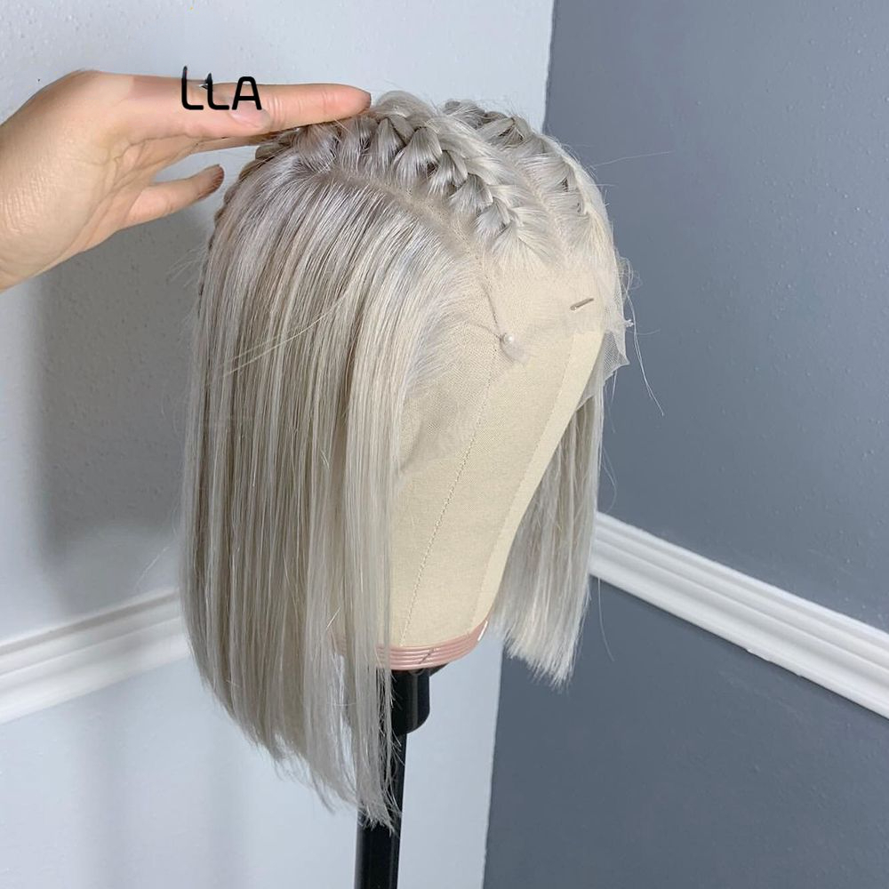 13x4 cabelo natural brasileiro prata cinza curto bob perucas para mulheres hd transparente reta sem cola peruca frontal de renda sintética cosplay drag queen